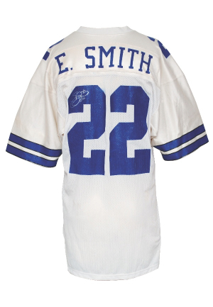 1990 Emmitt Smith Rookie Dallas Cowboys Game-Used & Autographed Road Jersey (Team Repairs)(Prova Tag)(JSA)