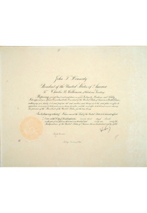 3/23/1961 John F. Kennedy Signed Presidential Certificate to Bud Wilkinson (JSA)