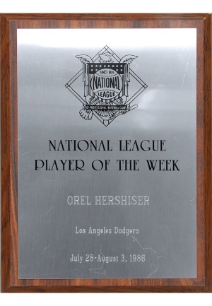 1984 Orel Hershiser LA Dodgers Pitcher of the Year BBWAA Award Plaque & 1986 Orel Hershiser LA Dodgers National League Player of the Week Award (2)(Hershiser LOA)