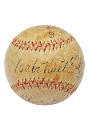 1934 All-Star Team Autographed Baseball with Ruth, Gehrig, Foxx, Ott & Others (JSA)