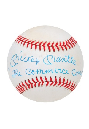 Mickey Mantle Single-Signed Baseball Inscribed "The Commerce Comet" (JSA)(Catal Museum Hologram)