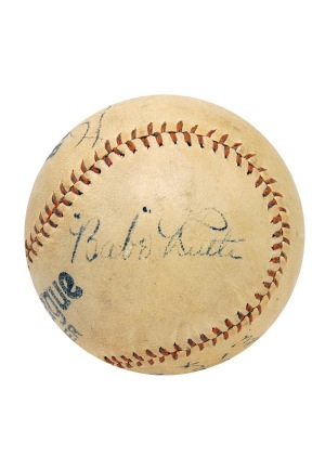 Babe Ruth, Lou Gehrig, Jacob Ruppert, Tony Lazzeri & Bob Meusel Autographed Baseball with Original Photos of Them Signing This Very Ball (2)(JSA)