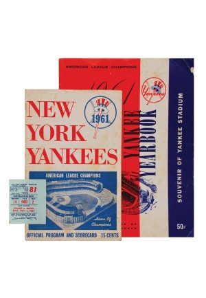 10/1/1961 Maris 61st Home Run Ticket Stub, Scorecard with 61 Yearbook (3)