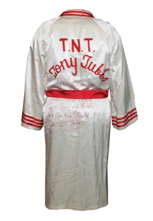 1988 Tony "TNT" Tubbs Fight Worn Robe vs. Mike Tyson in Japan Signed & Inscribed "I Went Down in 2 Rounds Like Don King Told Me" (JSA)(Photos of Tubbs Signing)(Videomatch)
