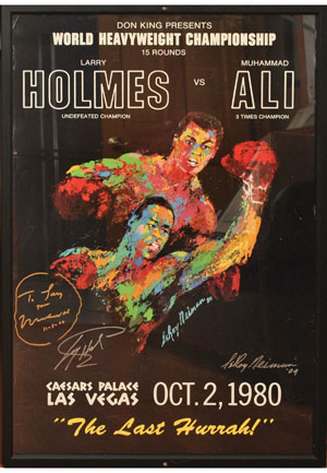 Framed 10/2/1980 Larry Holmes vs. Muhammad Ali On-Site Fight Poster Signed by Holmes, Ali & Leroy Neiman (Ali Inscribed "To Larry")(JSA)