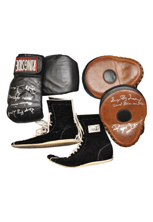 Sugar Ray Leonard Training Worn & Autographed Focus Mitts, Gloves & Shoes (3)(JSA • Sourced From Roger Leonard)