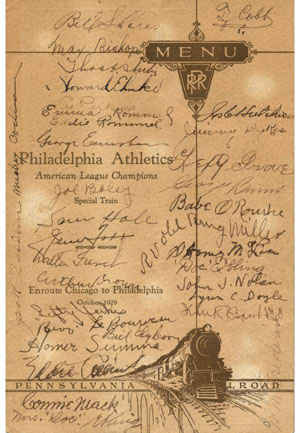 10/9/1929 Philadelphia Athletics Team Signed Railroad Menu with Cobb & Foxx (JSA • Championship Season)
