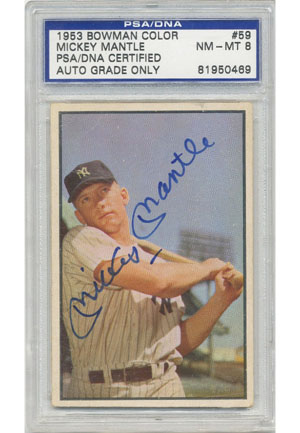 1953 Mickey Mantle Autographed Bowman #59 Baseball Card (JSA)(PSA Encapsulated Auto Grade NM-MT 8)