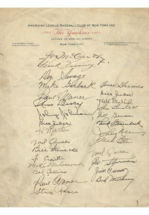 1944 NY Yankees Team Signed Sheet on Yankees Letterhead (JSA)