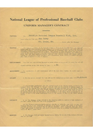 8/25/1933 Max Carey Signed Contract (JSA)