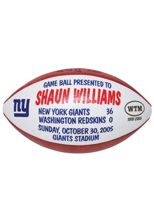 2010 Shaun Williams & Keith Bulluck NY Giants Game Balls with 2007-08 Plaxico Burress Game-Used Shoulder Pads (3)(Steiner LOAs)