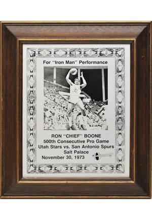 11/30/1975 Ron Boone 500th Consecutive Pro Game Award Plaque (Boone LOA)