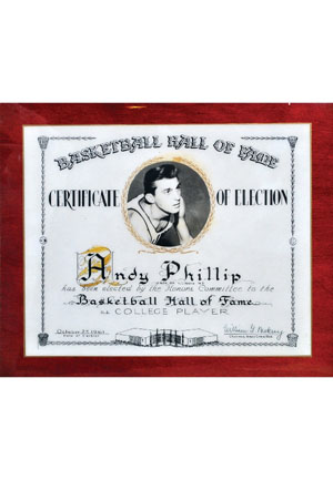 10/27/1961 Andy Phillip Basketball Hall of Fame Induction Plaque (Phillip Family LOA)