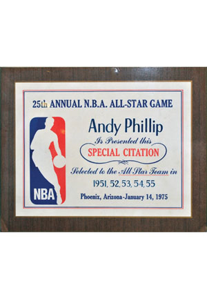 1/14/1975 Andy Phillip Five-Time All-Star Team Award Plaque (Phillip Family LOA)