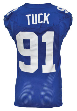 2007-08 Justin Tuck New York Giants Game-Used Home Jersey (Championship Season • Team Repairs)