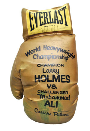 10/2/1980 Larry Holmes vs. Muhammad Ali Autographed Press Conference Oversized Hand-Painted Boxing Glove (JSA • Craig Hamilton LOA • Photomatch)