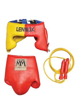 Lennox Lewis Training Used Jump rope, Headgear with Fight Worn Protective Cup (3)(Photomatch)