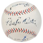 Historically Important NY Yankees Official American League Baseball Autographed by Babe Ruth, Miller Huggins & Jacob Ruppert (All Autographs Visible On A Single Plane • Full JSA)