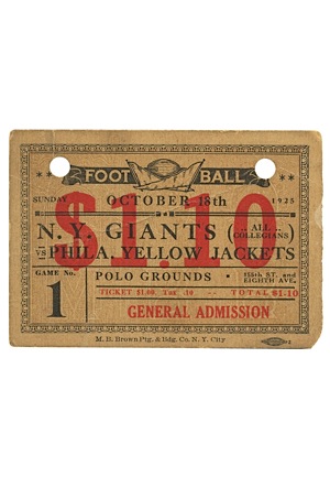 10/18/1925 New York Giants vs. Philadelphia Yellow Jackets Game Ticket (First-Ever Giants Home Game • Extremely Rare)