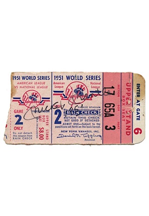 1951 NY Yankees vs. NY Giants World Series Game 2 Ticket Stub Autographed By Mickey Mantle (JSA • Mantle Knee Injury Game)