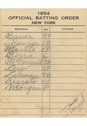 1954 New York Yankees Lineup Card Signed by Casey Stengel (JSA)
