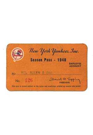 Mel Allen’s 1948 Yankee Stadium Season Pass held by Allen when he Emceed Babe Ruth Day