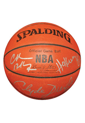 Drexler, Olajuwon, Stockton, Malone & Barkley Autographed Basketball & Multi-Signed Basketball with Magic, Bird, Drexler & Others (2)(JSA • Equipment Manager LOAs)