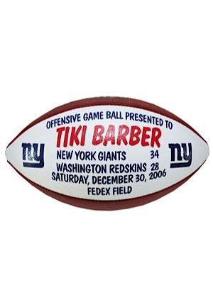 12/30/2006 Tiki Barber New York Giants Game-Used Trophy Ball (238 yds. 3 TDs)