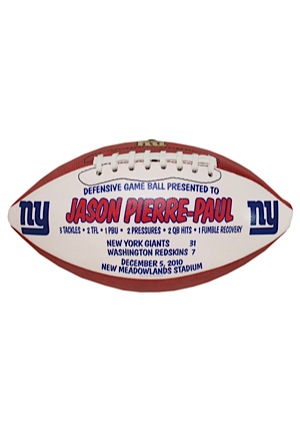 12/5/2010 Jason Pierre-Paul New York Giants Game-Used Trophy Ball