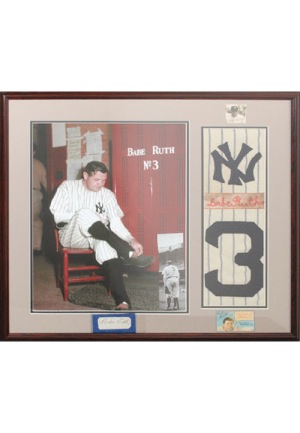 Framed Babe Ruth Autographed Cut Display With Jersey Yankee Logo & No. 3 (Full JSA)
