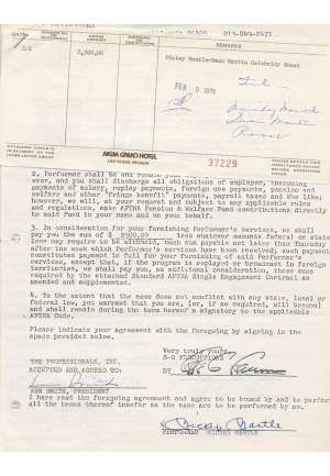 12/10/1975 Mickey Mantle Thrice-Signed Contract to Appear on Dean Martins Celebrity Roast (JSA)