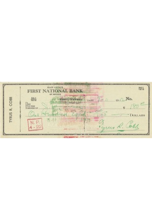 9/11/1952 Ty Cobb Signed Check (JSA)