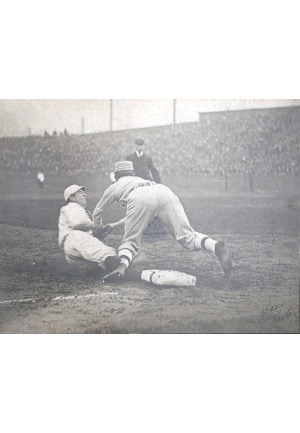 Framed Original Type-1 Black & White Photograph of Tris Speaker Sliding Into 3rd Being Tagged Out by Frank "Home Run" Baker