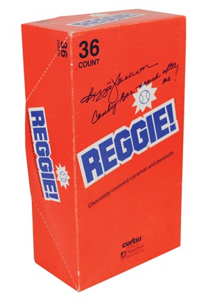 "Reggie!" Candy Bar Box Autographed by Reggie Jackson & 4/7/1977 New York Yankees Opening Day Full Game Ticket (2)(JSA • Mint)