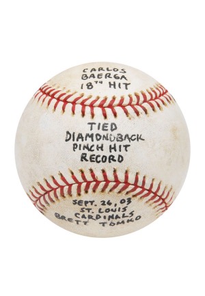 9/26/2003 Carlos Baerga Arizona Diamondbacks Game-Used Baseball (18th Pinch Hit Tying Club Record)