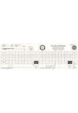 2005 PGA Championship Tournament-Used Scorecard Signed by Tiger Woods & Kevin Sutherland (JSA)