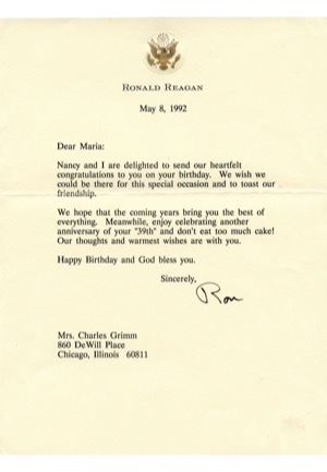 5/8/1992 President Ronald Reagan TLS Autographed Typed Letter to Charlie Grimms Widow (JSA)