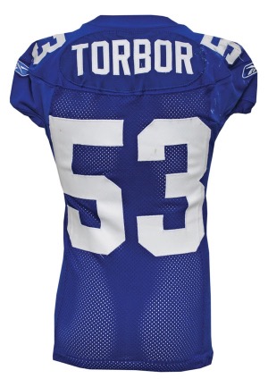 2007 Reggie Torbor New York Giants Game-Used Home Jersey (Unwashed • Repairs)