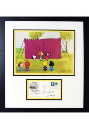 Framed "Peanuts Gang" Production Cel & 10/28/1970 First Day Cover Signed by Charles Schulz (Full JSA)