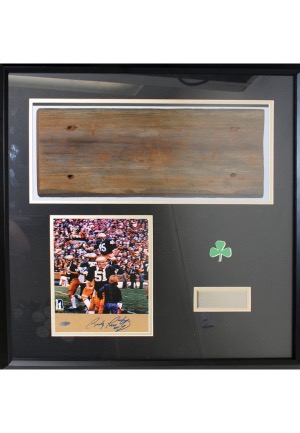 Framed Notre Dame Stadium Bench Pieces with Rudy Ruettiger Signed Photo (2)(JSA • Steiner COAs)