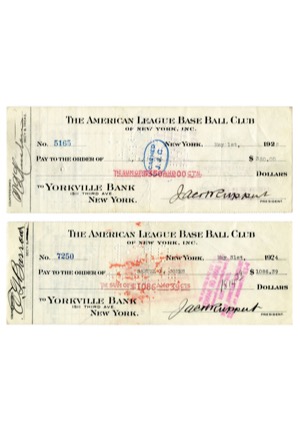 1922-25 New York Yankees Payroll Checks Signed by Jacob Ruppert (4)(JSA)