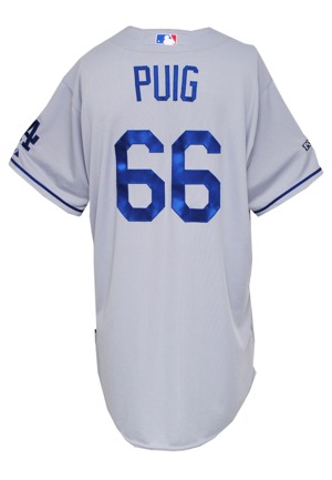 2013 Yasiel Puig Rookie Los Angeles Dodgers Postseason Game-Issued Road Jersey (MLB Hologram)
