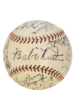 Exceptional 1928 New York Yankees Team Autographed Official American League Baseball with Ruth & Gehrig (Full JSA • Championship Season • 26 Sigs & 8 HoFers)