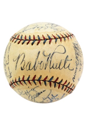 Exceptional 1933 New York Yankees Team Autographed Official American League Baseball with Ruth & Gehrig (Full JSA LOA • 23 Sigs & 9 HoFers)