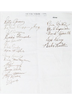 Framed 1933 New York Yankees Multi-Signed Hotel Registry with Ruth & Gehrig (Full JSA • 19 Sigs & 9 HoFers)
