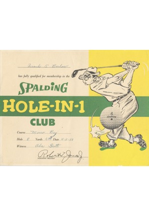 4/11/1958 Spalding Hole-In-1 Club Certificate