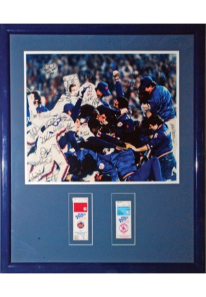 Framed 1986 New York Mets Team-Signed Photo with World Series Ticket Stubs (JSA • Championship Season)