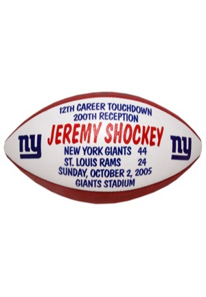 10/2/2005 Jeremy Shockey "12th Career TD & 200th Reception" New York Giants Game Ball