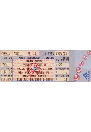 7/18/1999 New York Yankees vs. Montreal Expos Full Ticket from David Cones Perfect Game