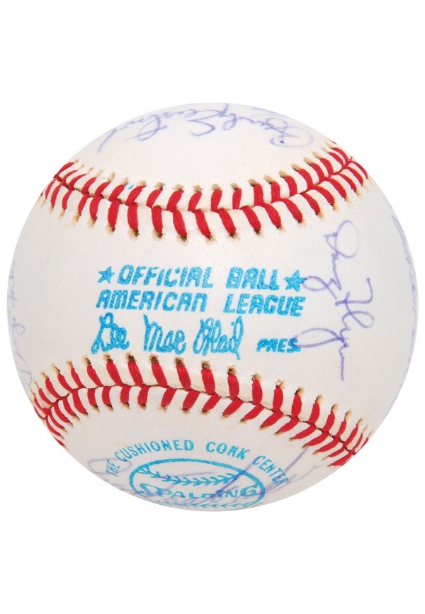 1975 Reds ONL Baseball Team-Signed by (30) with Johnny Bench, Joe Morgan,  Ted Kluszewski, Sparky Anderson Inscribed 1975 REDS (JSA LOA)